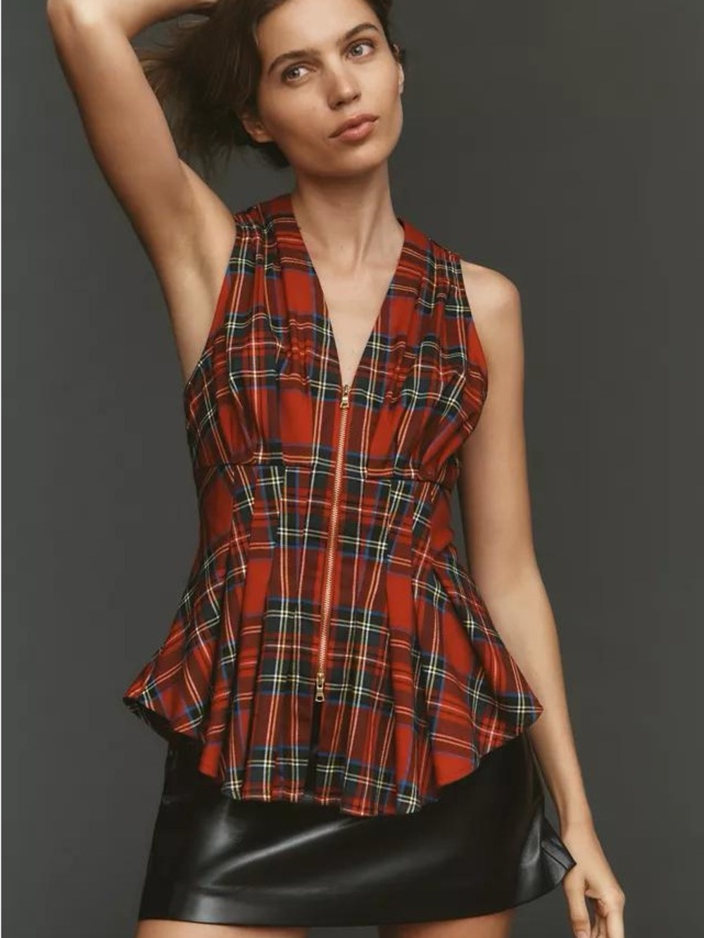 Maeve Anthropologie Viki Zip-Front Plaid Peplum Top Red Size M NWOT ($128)